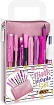 BIC Pink & Purple Party Set - 1 Trousse, 2 Stylos-Bille/1 Stylo Gel Effaçable/1 Crayon à Papier avec Gomme/1 Stylo Feutre/3 Marqueurs Permanents/1 Porte-Mines