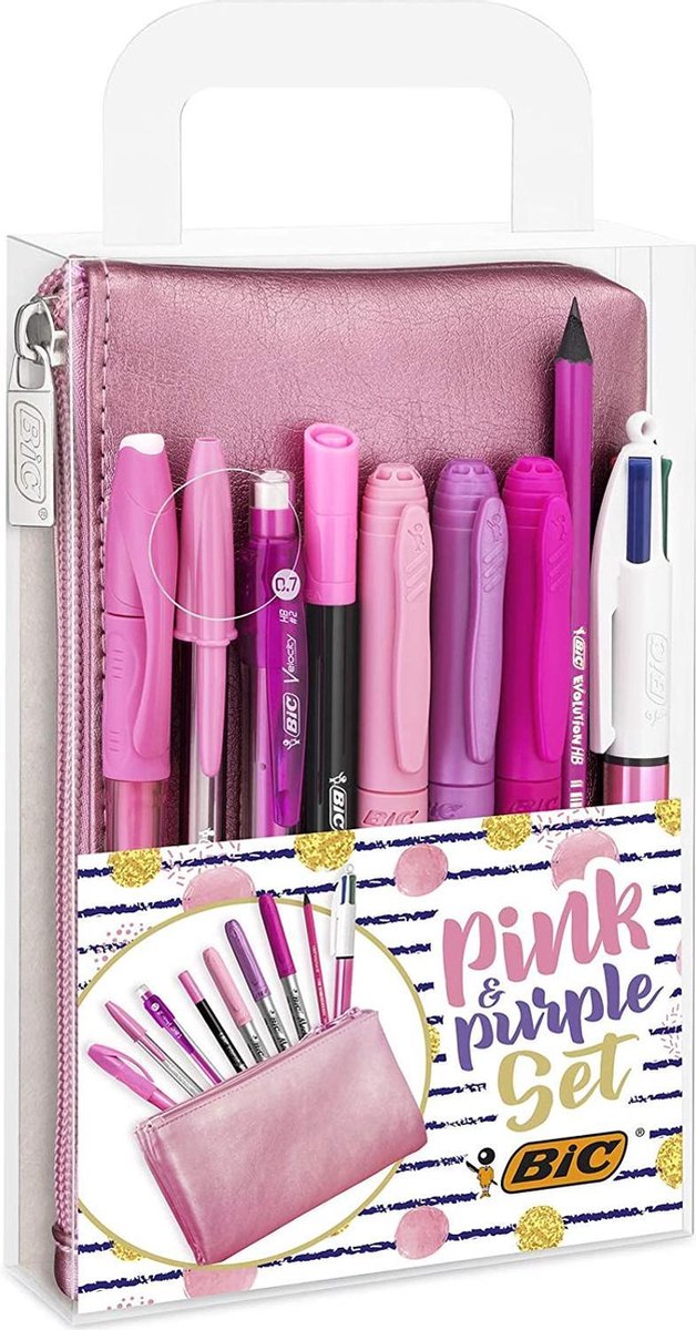 BIC Pink & Purple Party Set - 1 Trousse, 2 Stylos-Bille/1 Stylo Gel  Effaçable/1 Crayon