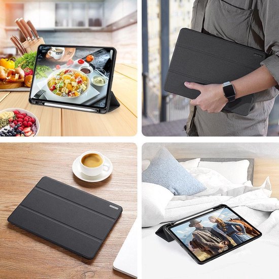 Collage: iPad hoes in keuken, gedragen door persoon, op tafel, op bed met stel op paarden.