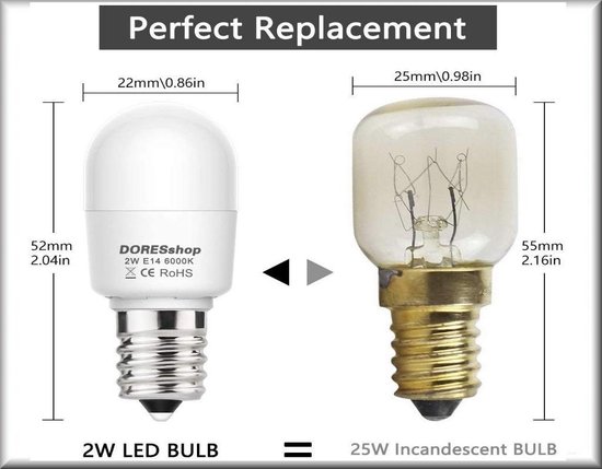 Set de 2x Lampe frigo T25 Led, E14, 2 W, remplace 20 W, blanc froid 6000 K,  200 lm