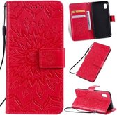 Geperst afdrukken Zonnebloempatroon Horizontale flip PU lederen tas voor Galaxy A10e, met houder en kaartsleuven en portemonnee en lanyard (rood)