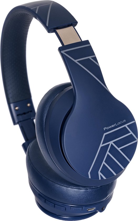 Een donkerblauwe PowerLocus over-ear koptelefoon, met geometrisch patroon, op een witte achtergrond.