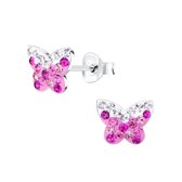 Joy|S - Zilveren vlinder oorbellen - kristal roze wit - 8  mm