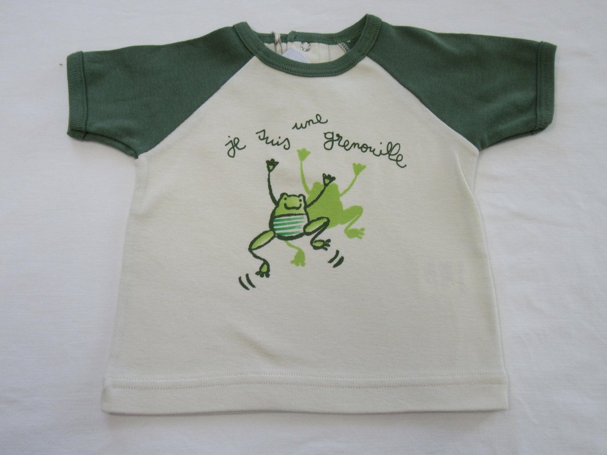 petit bateau , jongens , t-shirt korte mouw , beige /olyfgroen , kikker , 1 jaar 74