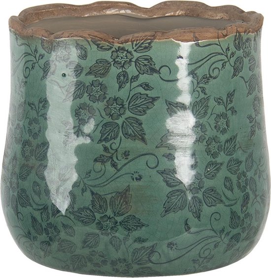 Clayre & Eef Bloempot Ø 18x16 cm Groen Keramiek Rond Bladeren Bloempot binnen