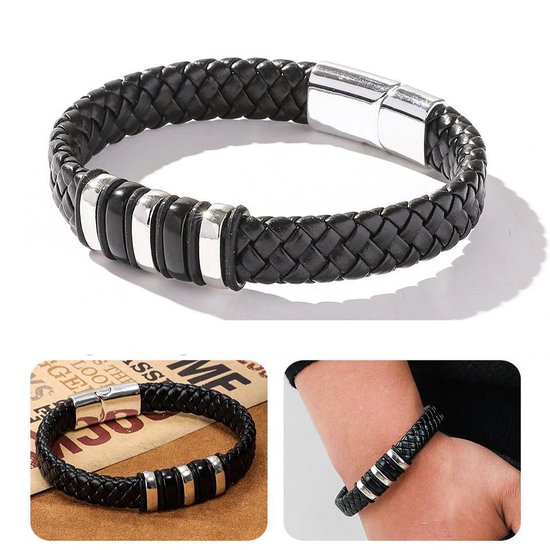JewelryWe Herenarmband, retro punk rock wolf hoofd leer roestvrij staal gevlochten ketting armband, zwart zilver, Leer, zonder steen