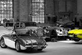 Tuinposter - Auto - Oldtimer in geel / zwart / wit / grijs  - 160 x 240 cm.