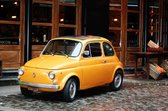 Tuinposter - Auto - Fiat 500 in geel / beige / bruin / zwart  - 160 x 240 cm.