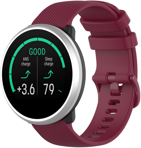 Smartech horloge met wijnrode band en zilveren ring. Scherm toont 'GOOD' met ANS en slaap lading.