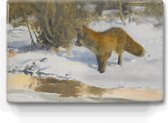 Schilderij - winterlandschap met vos - Bruno Liljefors - 30 x 19,5 cm - Niet van echt te onderscheiden handgelakt schilderijtje op hout - Mooier dan een print op canvas.