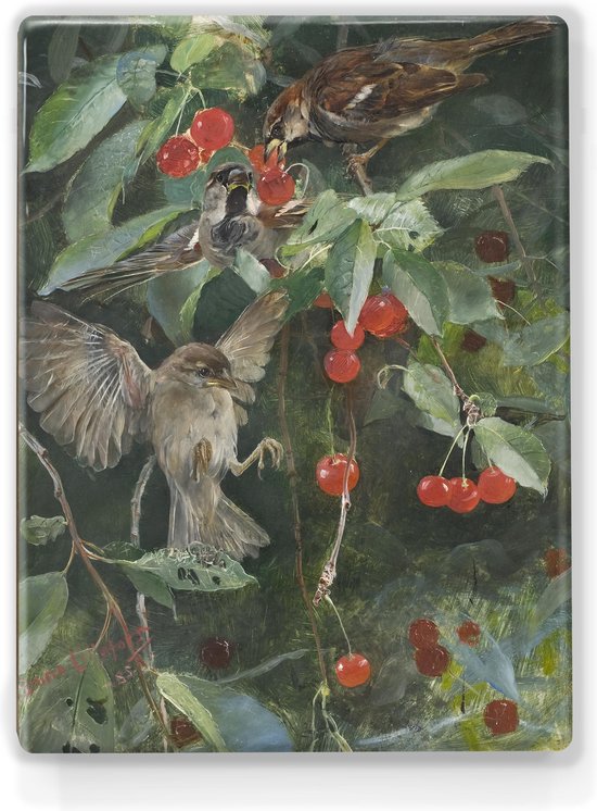 Schilderij - Mussen in een kersenboom - Bruno Liljefors - 19,5 x 26 cm - Niet van echt te onderscheiden handgelakt schilderijtje op hout - Mooier dan een print op canvas.