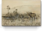 Landschap met Amerikaanse elandenfamilie - Bruno Liljefors - 30 x 19,5 cm - Niet van echt te onderscheiden houten schilderijtje - Mooier dan een schilderij op canvas - Laqueprint.