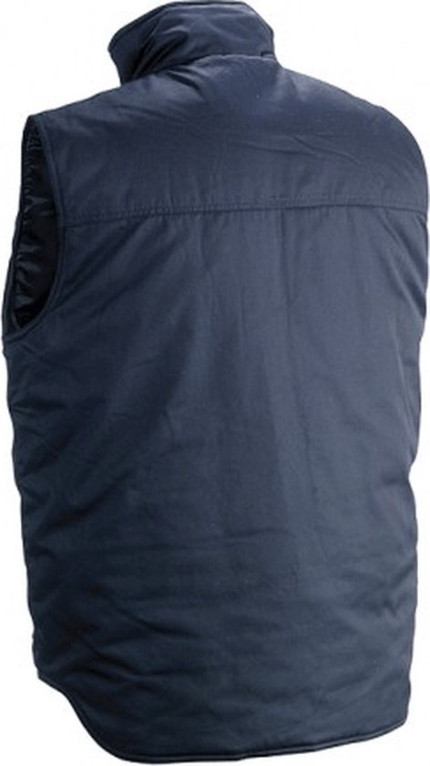 Achterkant van een donkerblauwe bodywarmer met hoge kraag.
