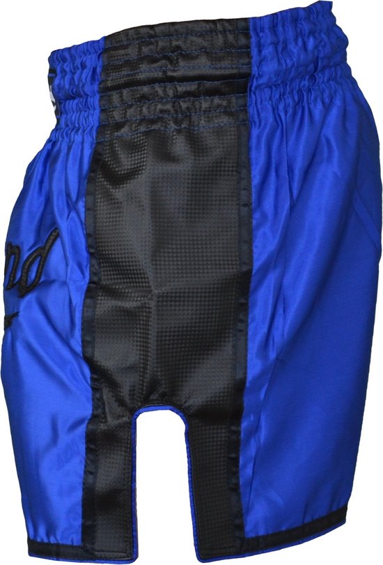Blauwe vechtsportbroek met zwart textiel en PR logo, voorkant.