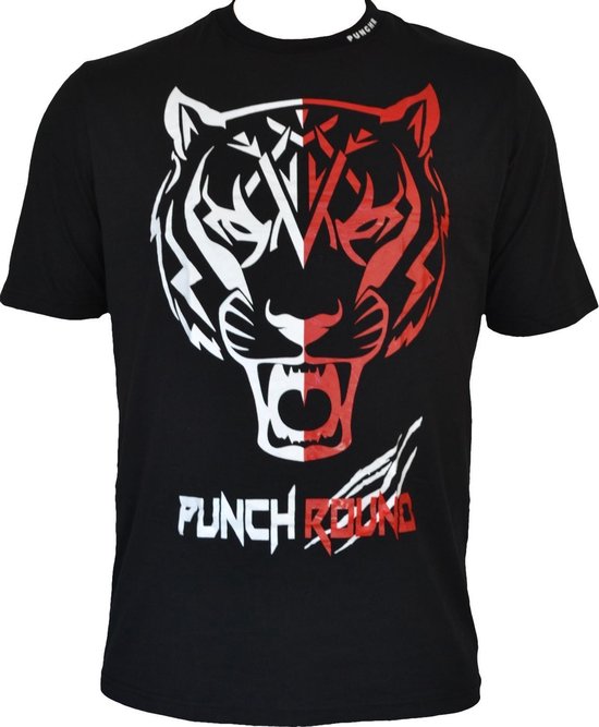 Zwart T-shirt met een tweekleurige wit-rode tijgerkop en Punch Round logo op de borst.