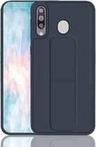 Voor Galaxy M30 schokbestendige pc + TPU beschermhoes met polsband en houder (donkerblauw)