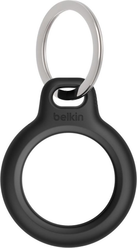 Zwarte Belkin AirTag houder met een grote ring, op een witte achtergrond.