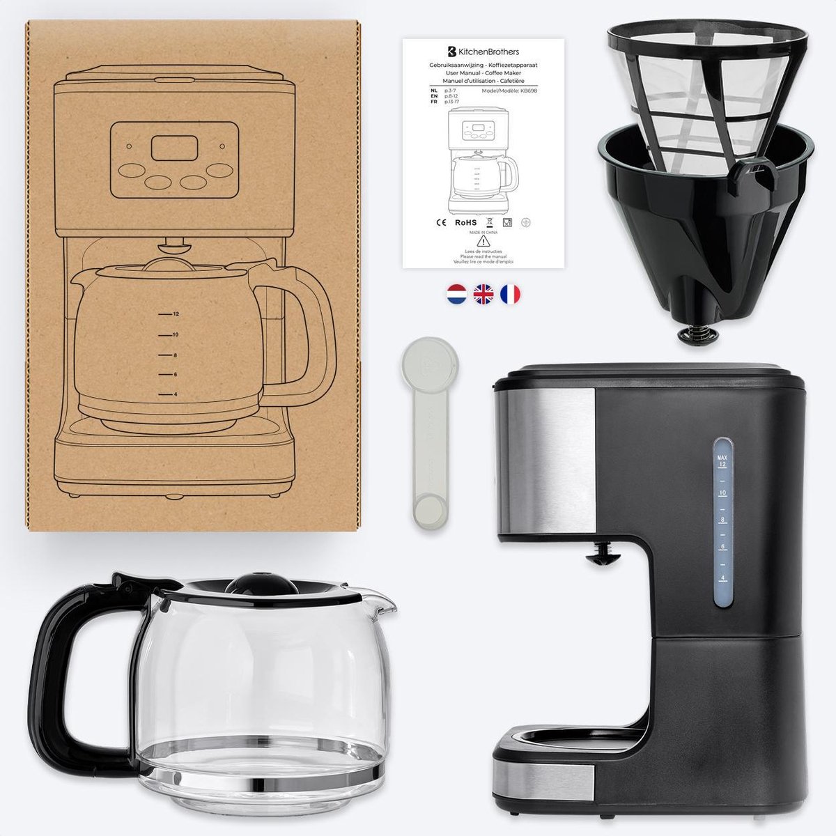 KitchenBrothers Koffiezetapparaat - Filterkoffie - met Glazen Kan - 12  Koppen - Zwart/RVS | bol.com