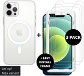 Stokey® MagSafe Hoesje + Screenprotector iPhone 12 Pro Max - Tempered Glas Scherm met Montage Frame 3 Pack en Shock Proof Transparant Clear Case