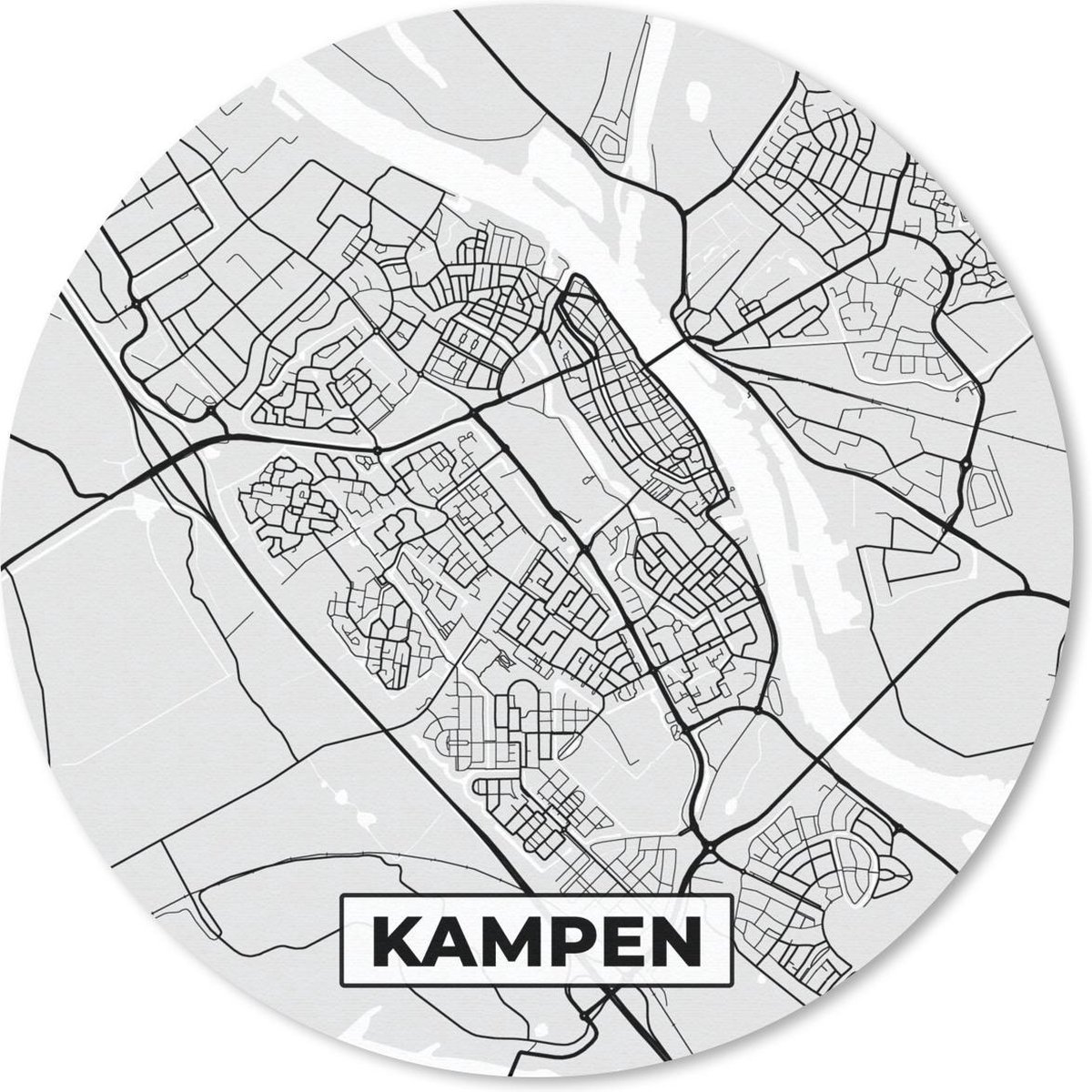 Muismat rond 30x30 cm - Mousepad Stadskaart - Kampen - Grijs - Wit - Ronde muismatten