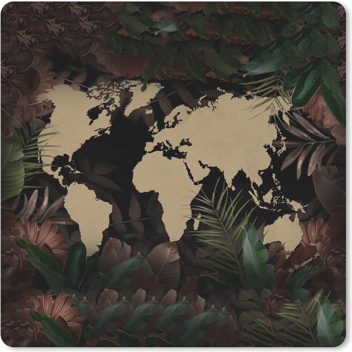 Muismat 30x30 cm - Mousepad Wereldkaart - Vintage - Bloemen - Muismatten