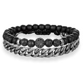 Victorious Set Armbanden Heren – Natuurstenen/RVS Roestvrij Staal – Zwart/Zilver – 17.5cm