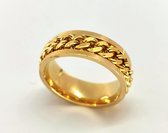 Stoer RVS goudkleur ringen maat 16 met los schakel ketting in midden in die je mee kan draaien(ook wel stress ring genoemd). ring is zowel geschikt voor dame of heer ook mooi als d