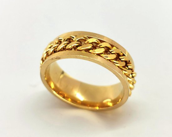 Stoer RVS goudkleur ringen maat 16 met los schakel ketting in midden in die je mee kan draaien(ook wel stress ring genoemd). ring is zowel geschikt voor dame of heer ook mooi als duim ring.