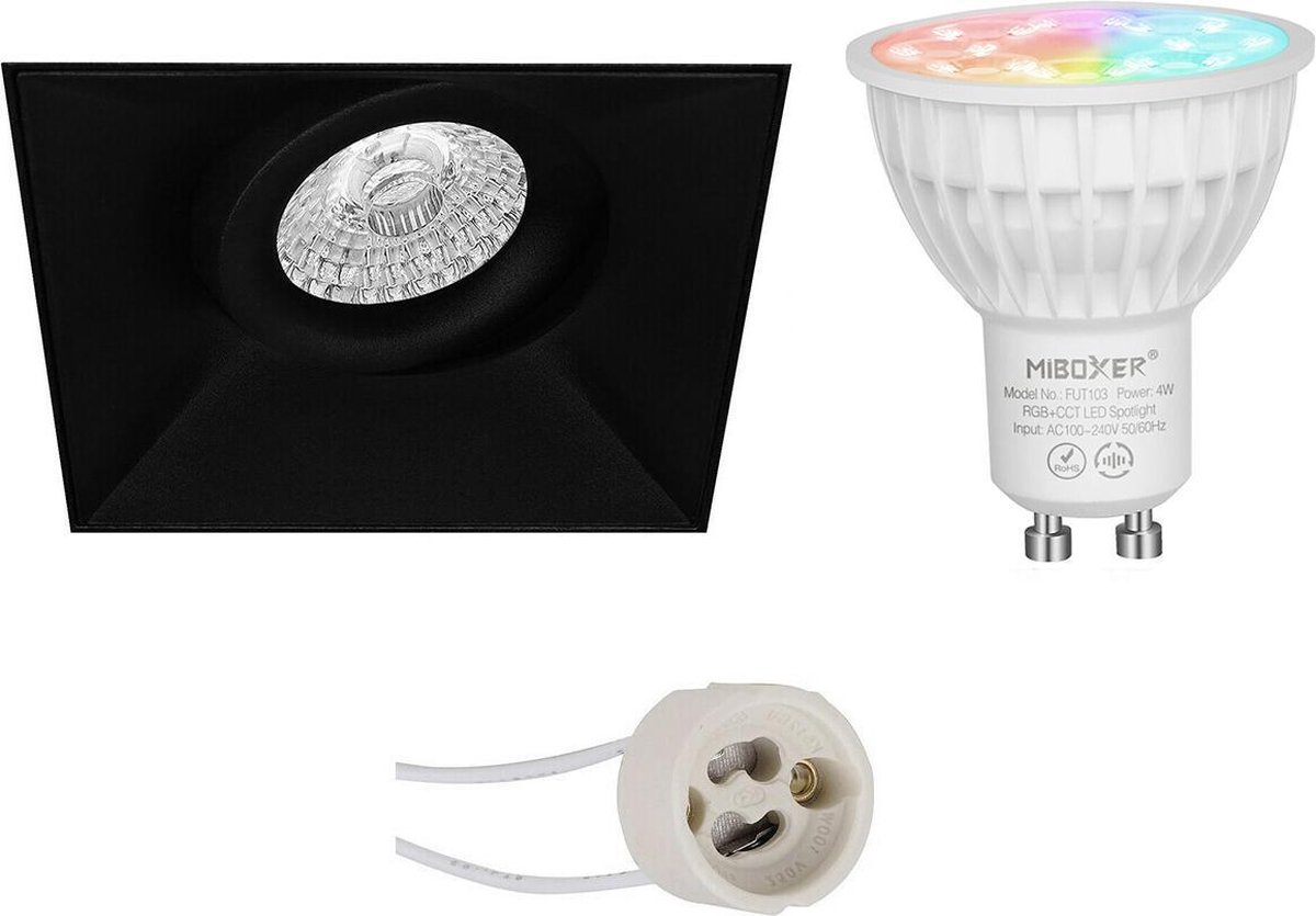 Mi-Light MiBoxer - LED Spot Set GU10 - Smart LED - Wifi LED - Slimme LED - 4W - RGB+CCT - Aanpasbare Kleur - Dimbaar - Proma Nivas Pro - Inbouw Vierkant - Mat Zwart - Trimless - Kantelbaar - 150mm