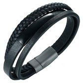 Victorious Leren Armband Heren – Strak & Gevlochten Leer – Zwart RVS - Zwart – 22cm