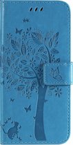 Samsung Galaxy S21 FE Bookcase - Blauw - Bloemen - Portemonnee Hoesje