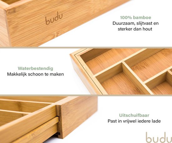 Gros plan d'un tiroir à couverts en bambou. Montre la texture du matériau, 100% bambou, durable et résistant à l'eau. Le tiroir est extensible.
