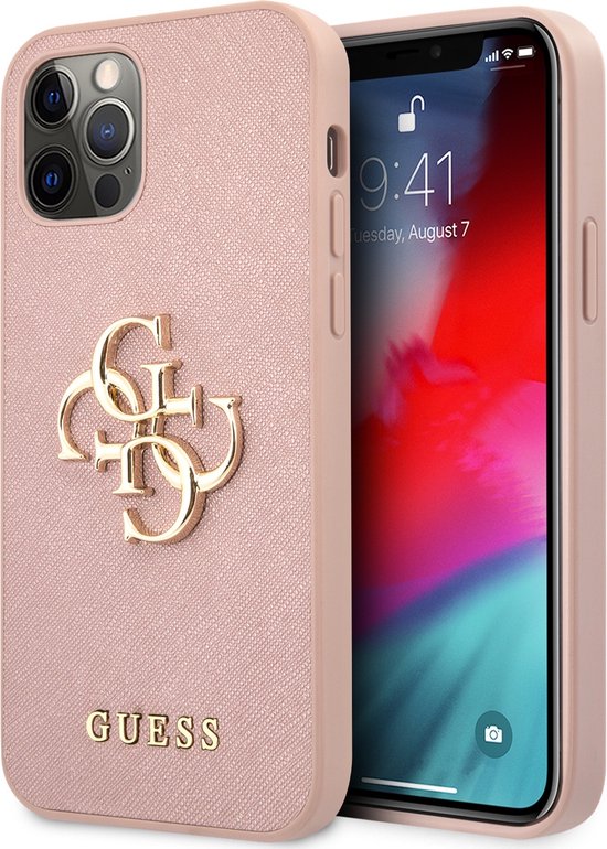 Roze hoesje van Guess - Backcover - iPhone 12 - 12 Pro - Saffiano - 4G - Hardcase TPU - Metal Logo