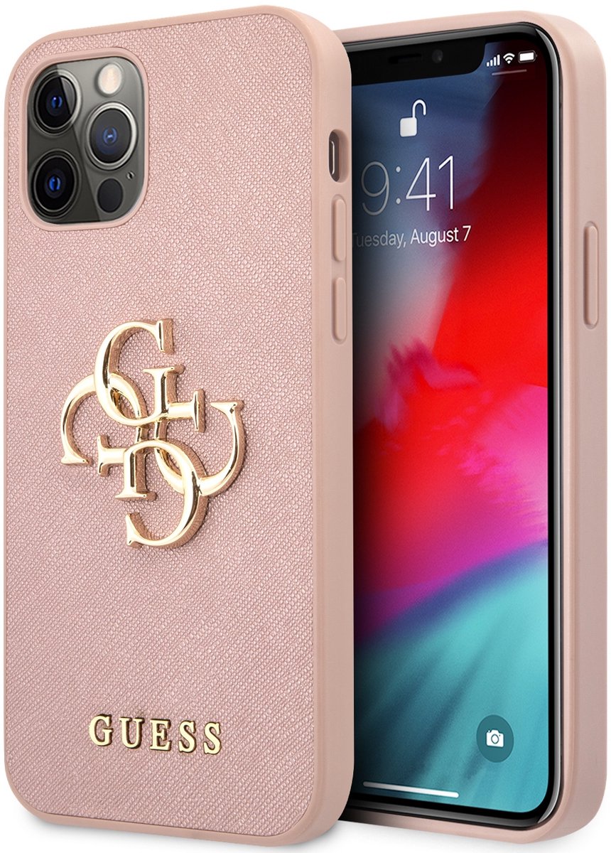 Roze hoesje van Guess - Backcover - iPhone 12 Pro Max - Saffiano - 4G - Hardcase TPU - Metal Logo