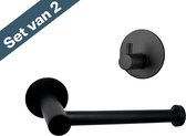 Toiletrolhouder Zonder Boren - Wc Rolhouder - Inclusief Handdoekhaak - RVS - Zwart - Houder - Makkelijk monteren