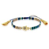 Twice As Nice Armband in goudkleurig edelstaal, blauwe tila beads, fatima handje  19 cm