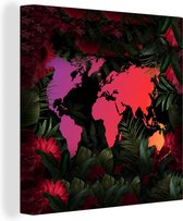 Canvas Wereldkaart - 90x90 - Wanddecoratie Wereldkaart - Kleuren - Bloemen
