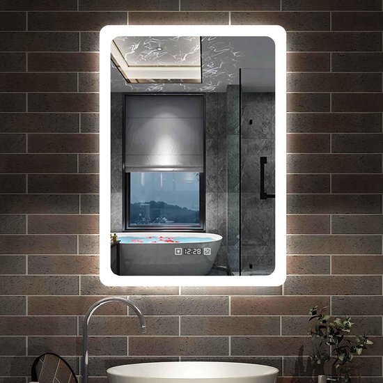 Miroir de salle de bain LED 60×80cm miroir mural avec horloge, tactile,  miroir de... | bol.com
