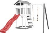 AXI Beach Tower Speeltoestel in Grijs/Wit - Speeltoren met Enkele Schommel, Rode Glijbaan en Zandbak - FSC hout - Speelhuis op palen voor de tuin