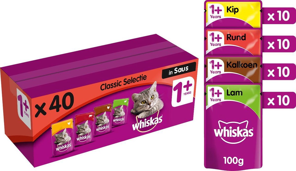 ruw doden aanwijzing Whiskas 1+ Adult Katten Natvoer - Vlees in Saus - 40 x 100 gram | bol.com