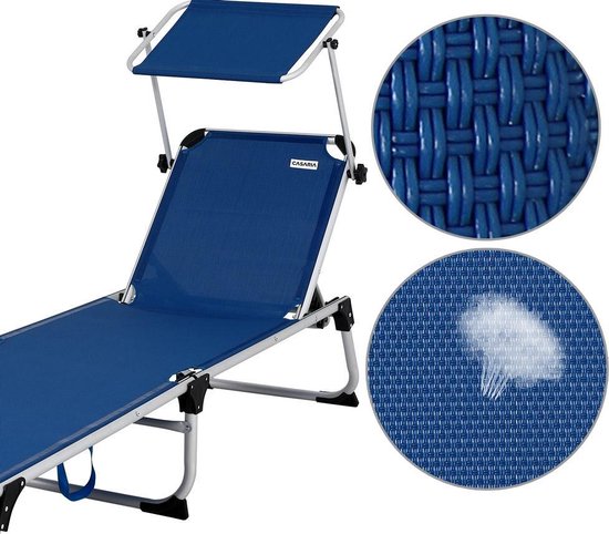 Casaria Sun lounger Malta Comfort 210cm 180kg Load capacity Sunroof Beach Chair Plastic Feet Garden Cover Blue