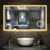 Miroir de salle de bain LED 140 × 80cm 3 couleurs de lumière Miroir mural dimmable 2700-6500K avec horloge, tactile, anti-buée, grossissement 3 fois Miroir de Maquillage IP44 froid/neutre/blanc chaud à économie d'énergie