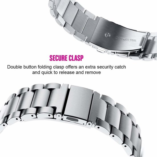 Detail van een zilverkleurig metalen horlogebandje met een veilige gesp en uitleg 'SECURE CLASP'.