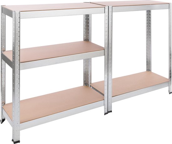 Twee AREBOS stellingkasten naast elkaar, met metalen frame en MDF-planken.