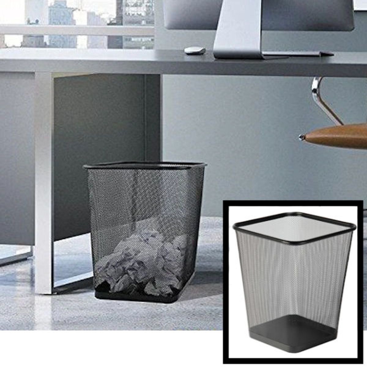 Decopatent® Design Vierkant Prullenbak voor Kantoor - Papierbak - Mesh Metaal - Papiermand - Prullenmand voor onder Bureau - Zwart