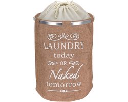 Ronde Wasmand met deksel- 50 L - Tekst LAUNDRY TODAY OR NAKED TOMORROW - Badkamer wasmand afsluitbaar - Waszak - Beige