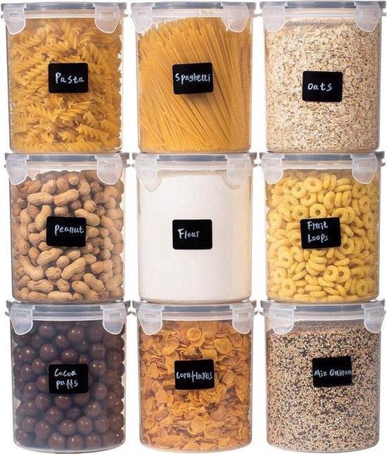 Set de 9 bocaux de conservation bocaux de céréales de 1,5L, contenants alimentaires avec cuillère doseuse et autocollants, bocaux de conservation pour céréales, biscuits, sucre et noix, plastique hermétique et sans BPA