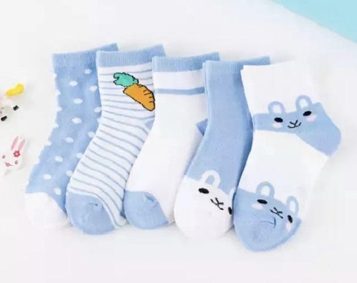 5 paar New born Baby sokken - set babysokjes - 0-6 maanden - Blauwe Konijnen sokken - Babysokken - Multipack - Dierensokken - Kraamcadeau voor Jongen of Meisje - Babyshower Cadeau - Kraammand