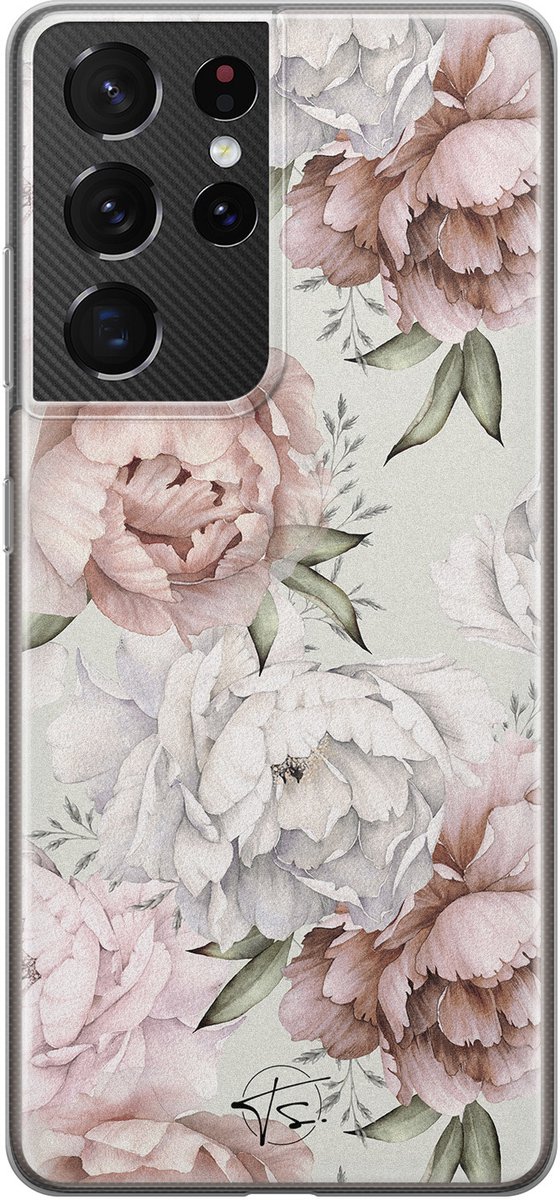 Hoesje geschikt voor Samsung Galaxy S21 Ultra - Klassieke bloemen - Soft Case - TPU - Bloemen - Beige - Mooie Telefoonhoesjes