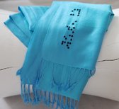 YELIZ YAKAR - Luxe unisex Paisley Pashmina sjaal “Braille V” met hand geborduurde onzichtbare woorden in braille-alfabet - blauw - mode - trendy-dames en heren shawl - designer kle